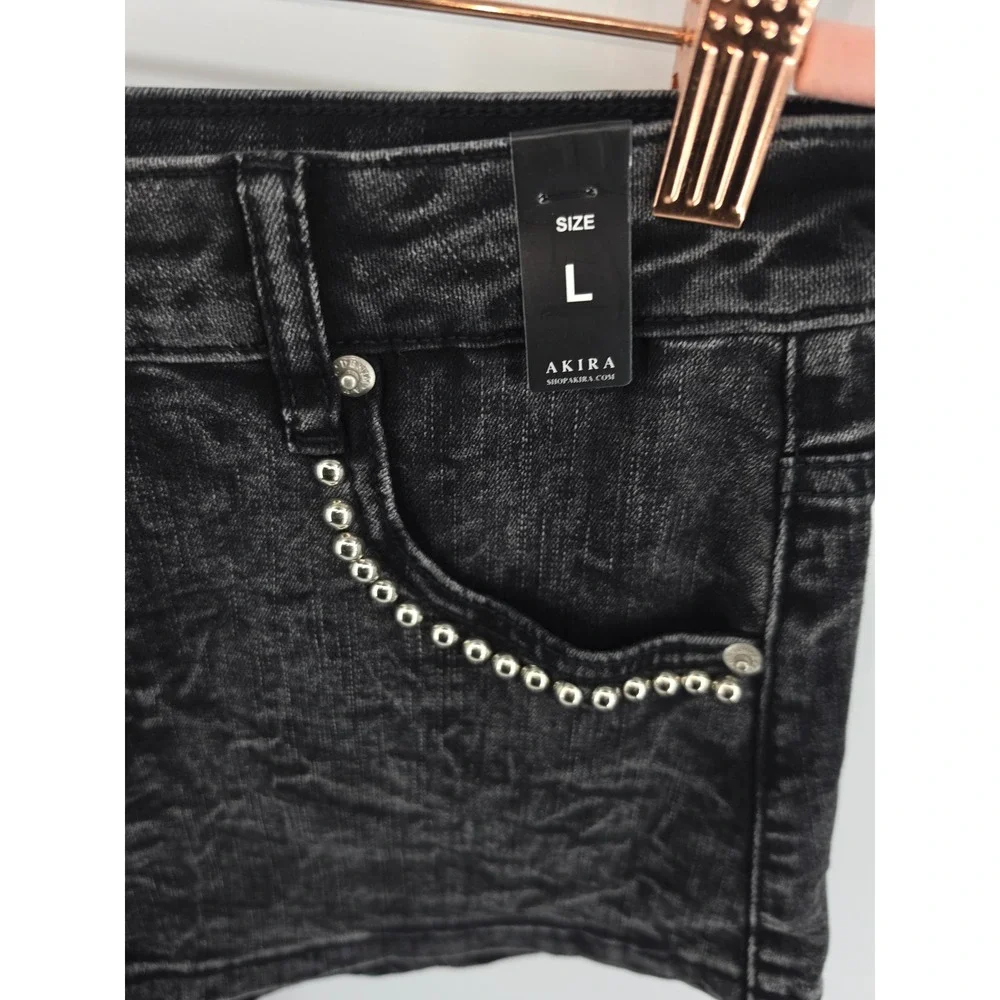 Akira Womens Studded Acid Wash Denim Shorts Black High Waisted Hot Pants Large